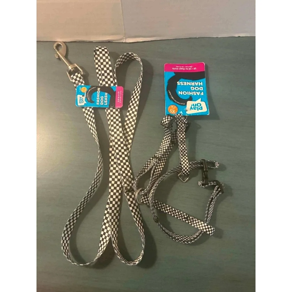 Play On Dog Harness Leash Set‎ XS Black White Checkered NWT Racing Puppy Pet